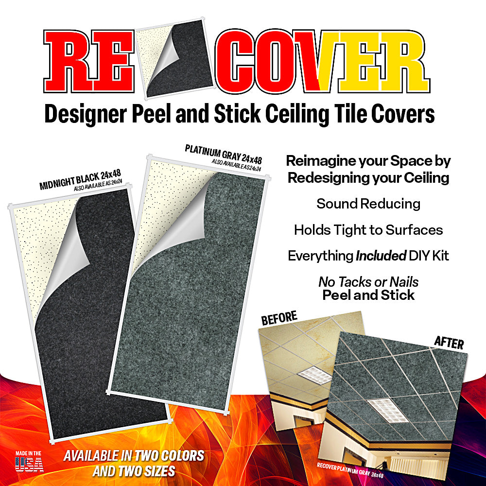 Recover-7 Pieces(56 Sqft) Designer Peel & Stick Ceiling Tile Covers – Sound Dampening Easy DIY Remodeling, Cost-Effective Restoration for Drop Ceiling Tiles with Ridge – Strong Adhesive, Made in USA