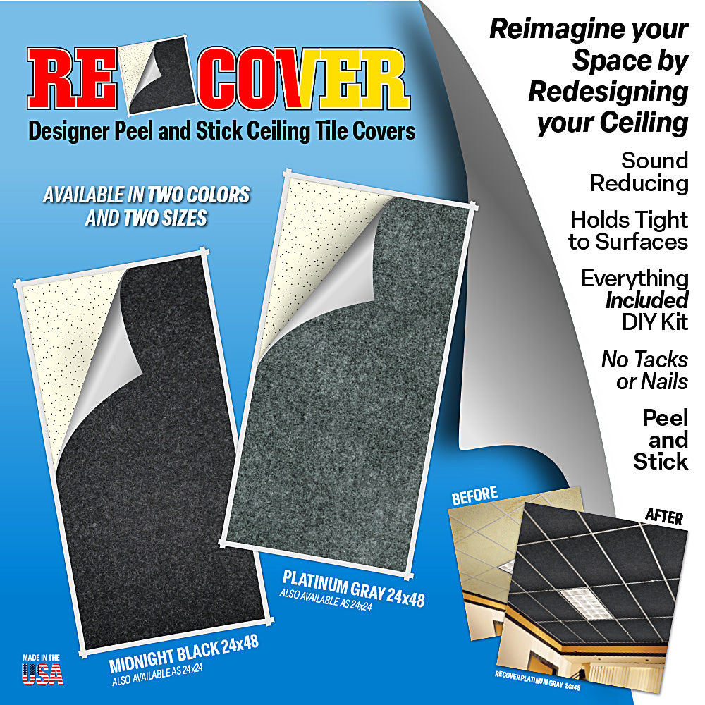 Recover-7 Pieces(56 Sqft) Designer Peel & Stick Ceiling Tile Covers – Sound Dampening Easy DIY Remodeling, Cost-Effective Restoration for Drop Ceiling Tiles with Ridge – Strong Adhesive, Made in USA